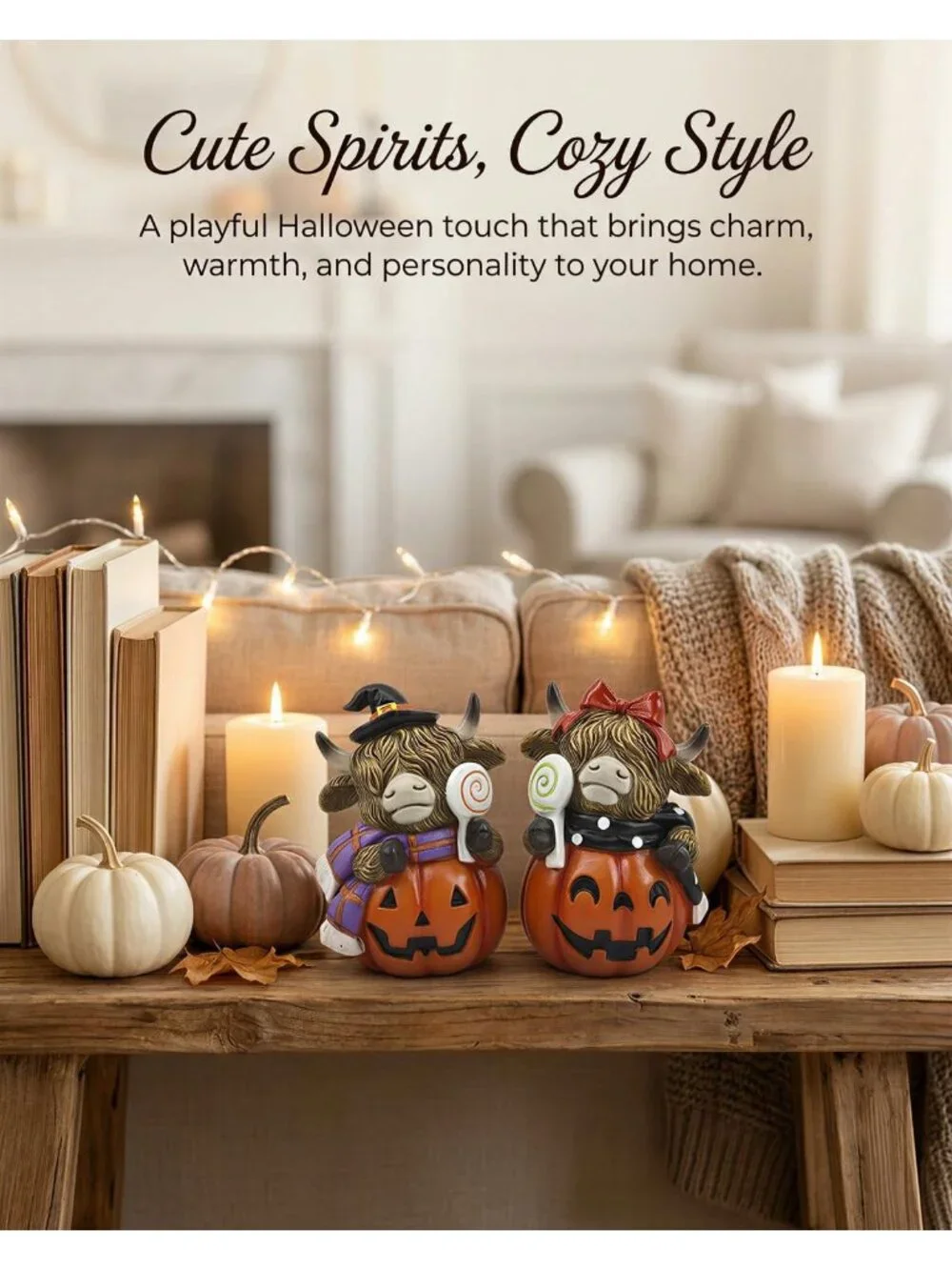 Highland Cow Jack Lantern Orange Brown Figurine Halloween Resin Farmhouse Décor